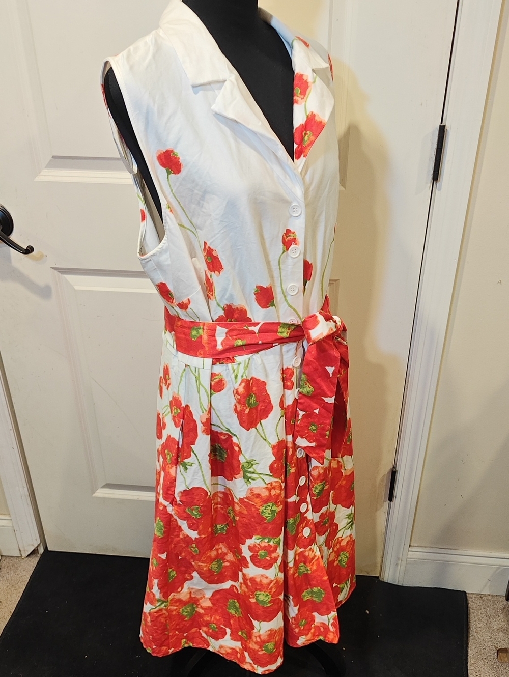 Poppies Sleeveless Button Down Dress Floral Pockets